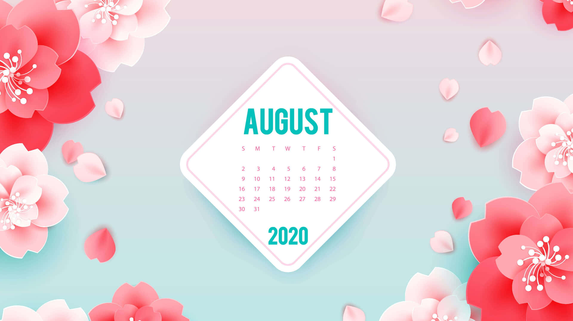 2020年8月月曆以剪紙櫻花框飾，背景為粉彩漸變色。
