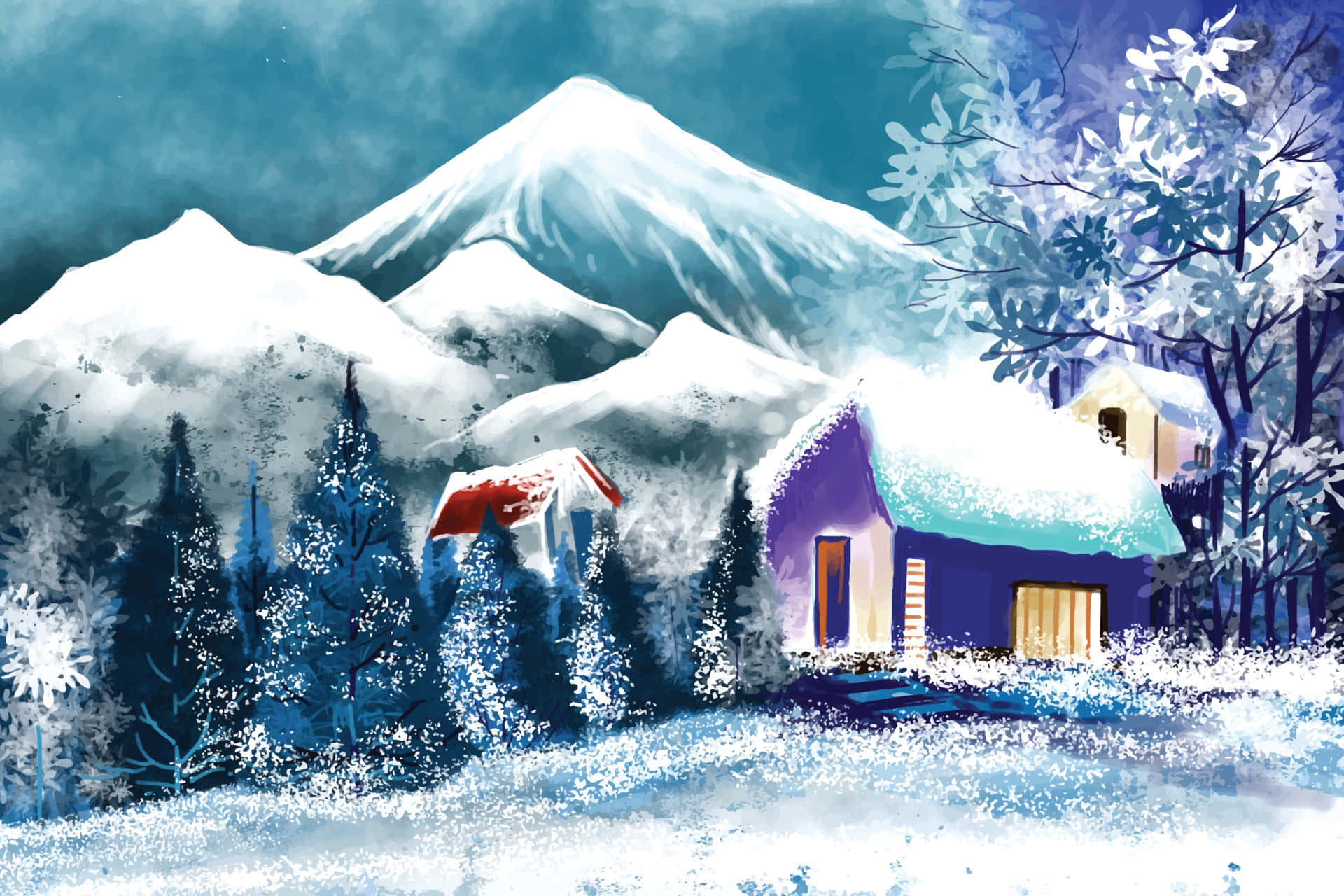 暮色中雪山林間舒適小屋