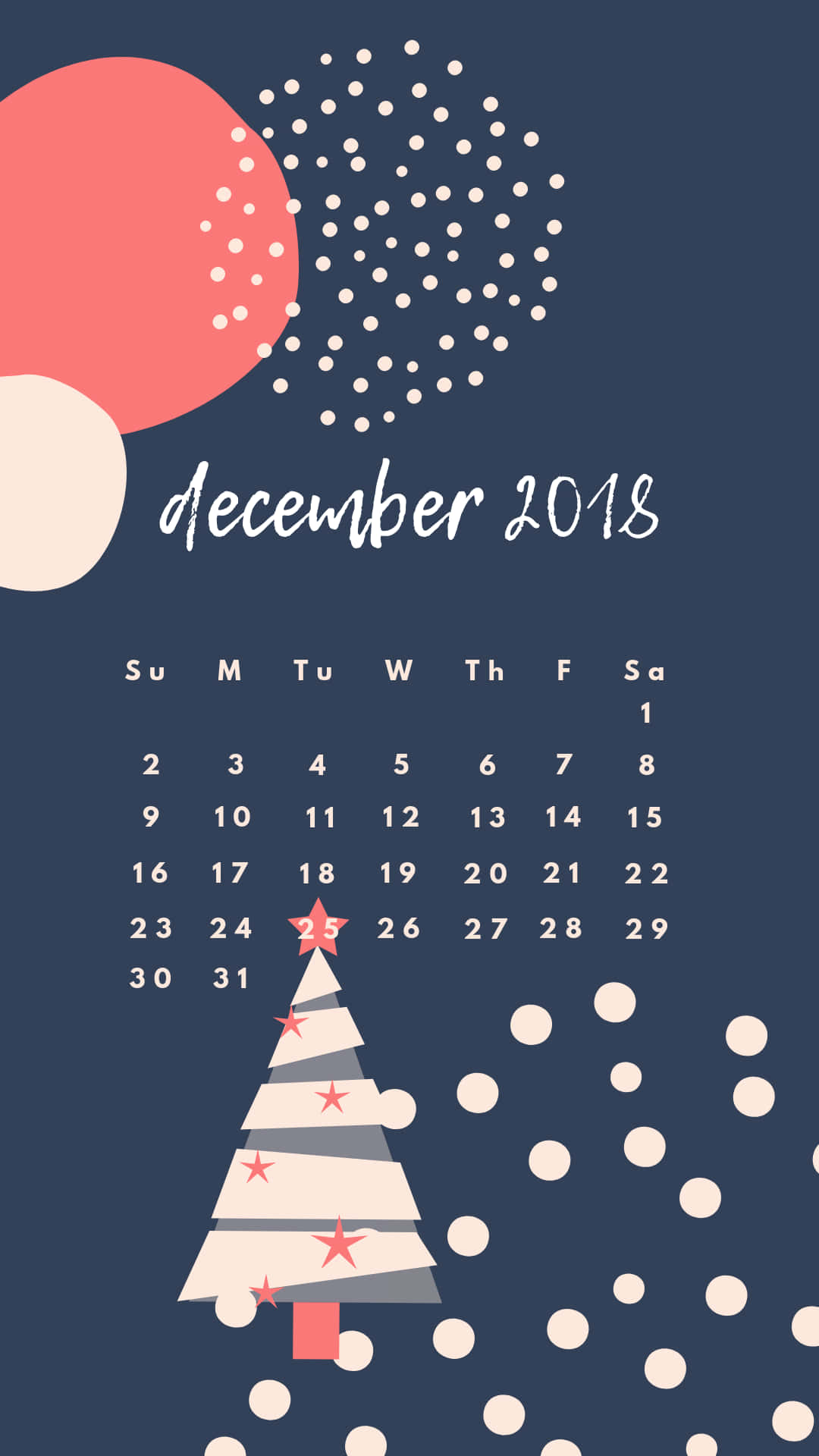 2018年12月月曆，帶有風格化的聖誕樹和抽象形狀。