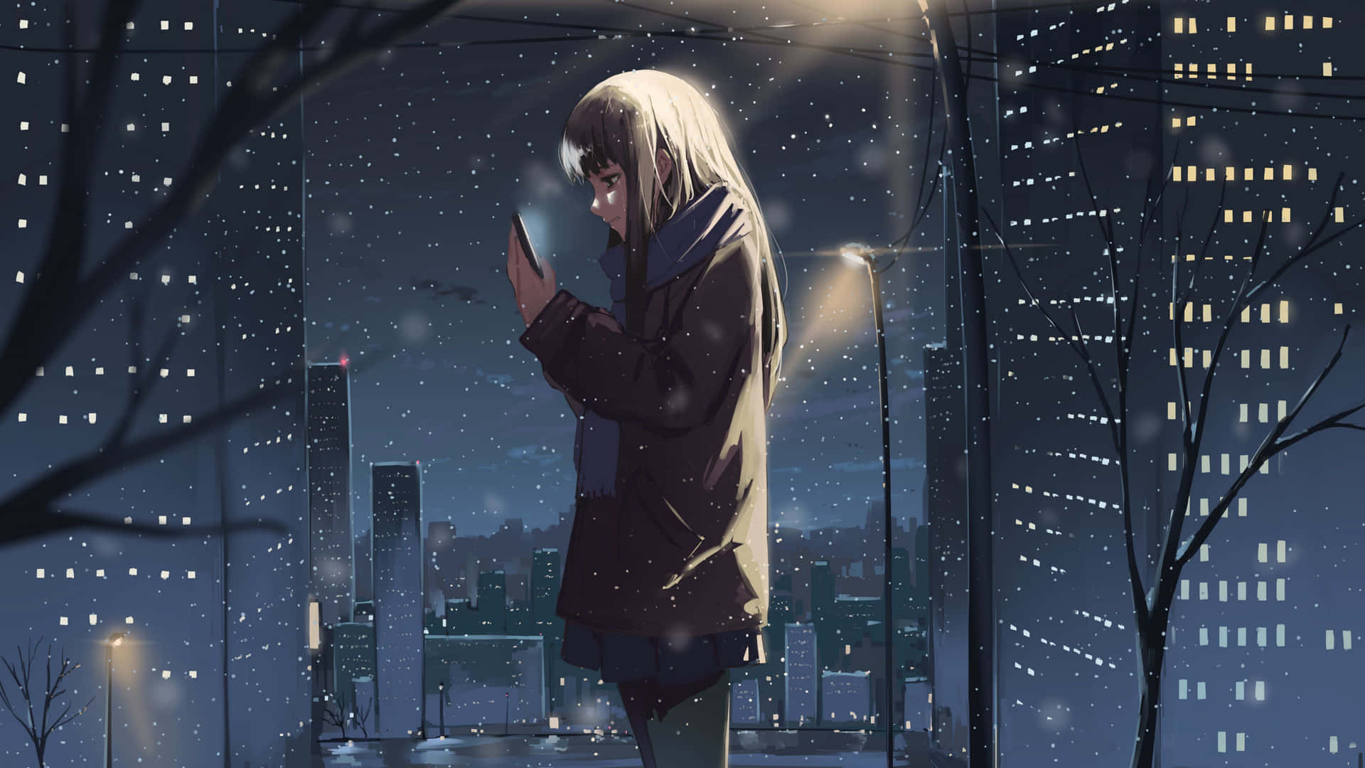 動漫女孩穿著冬季外套在街燈下看手機，雪夜城市