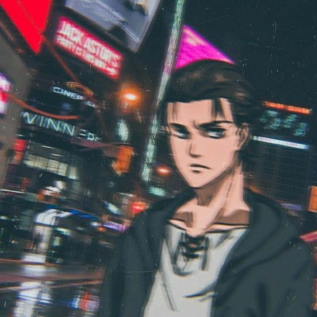 動漫男性角色在雨夜的都市中，伴隨著發光的霓虹招牌。