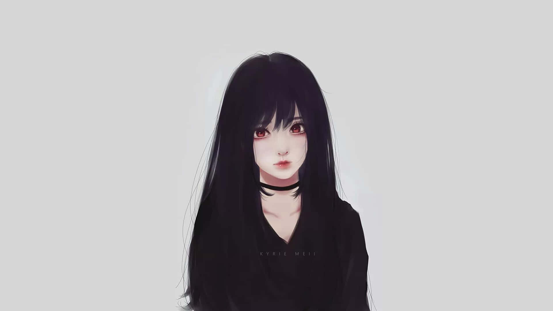 享受動漫美學魅力，盡覽這款絕美黑色桌面壁紙 壁紙 — 一位年輕女性的數碼肖像，長長的黑髮和紅色的眼睛，戴著黑色頸鍊，背景是純灰色。