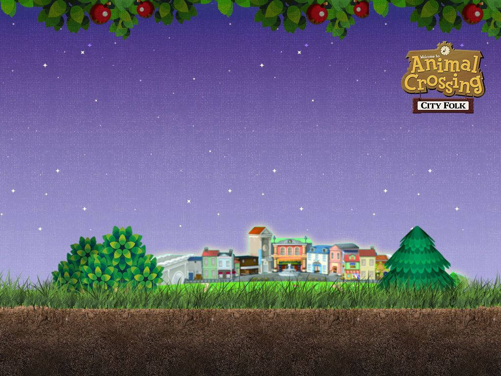 Animal Crossing City Folk村莊在星空紫色天空下，以冬青框住。