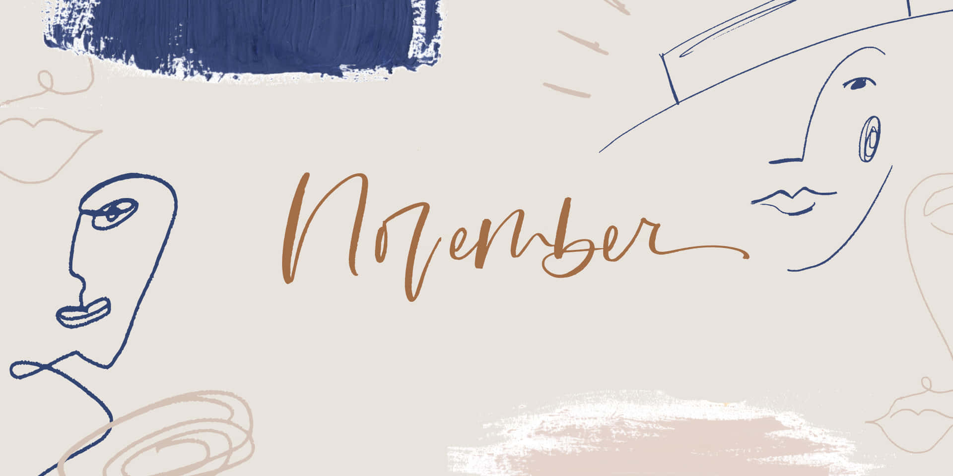 抽象極簡插圖，風格化面孔和筆觸圍繞「November」一詞。