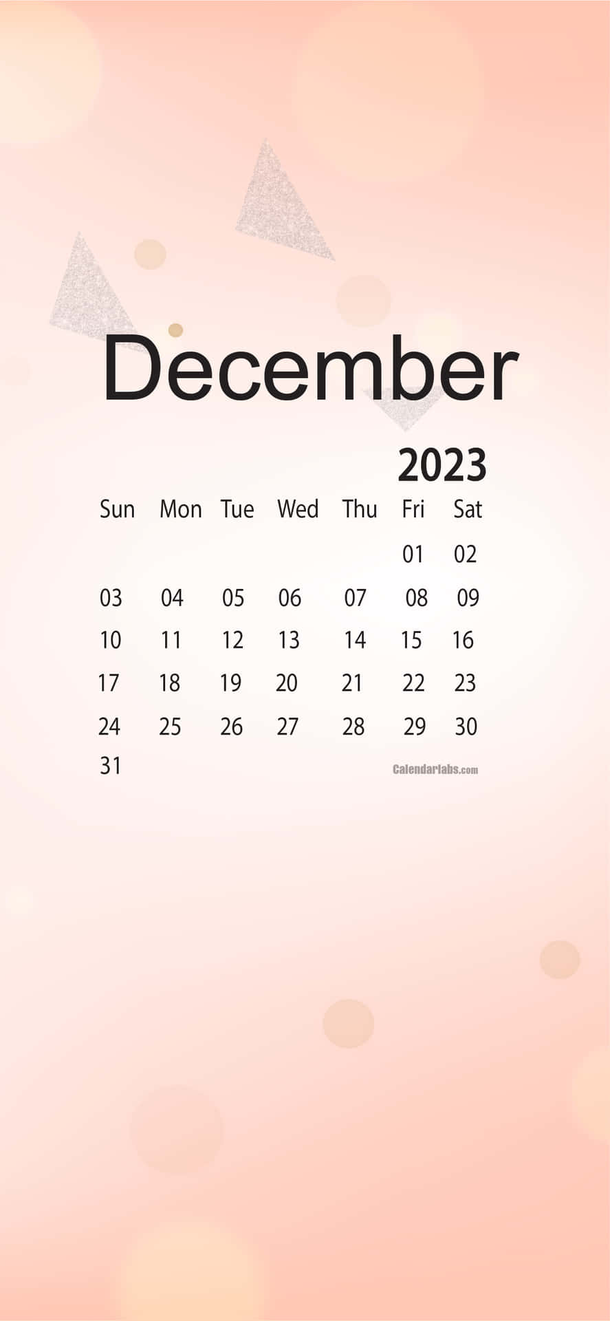 2023年12月日曆，帶有柔和蜜桃色背景和閃亮三角形。