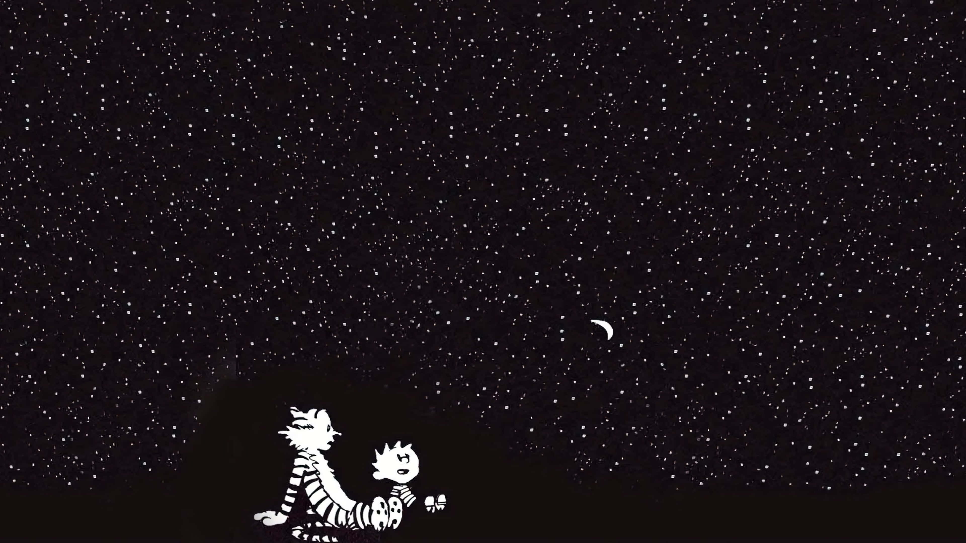 享受卡爾文與霍布斯的冒險旅程 壁紙 — 兩個白色卡通角色仰望星空，上方有一彎新月。