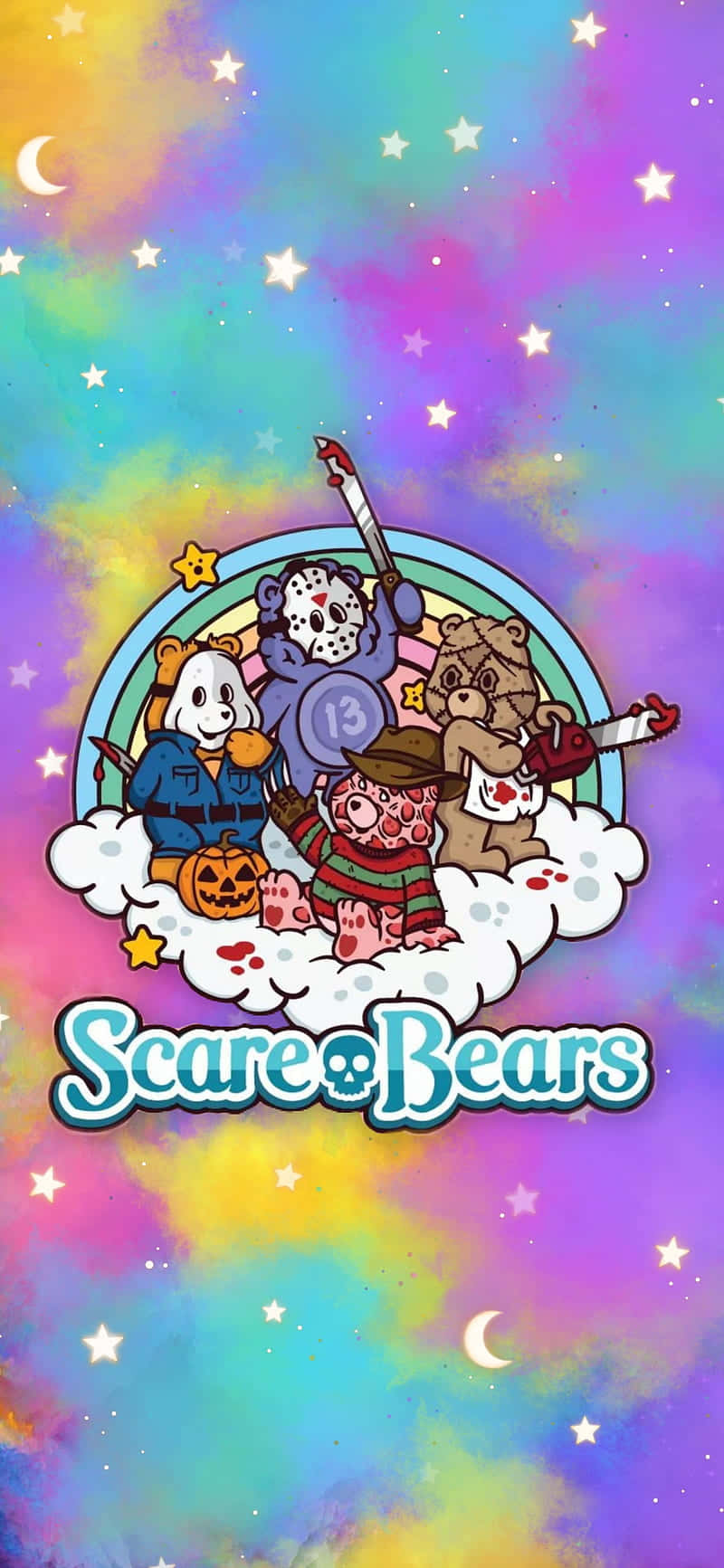 Scare Bears 卡通角色在雲上，下方是色彩繽紛的星空。