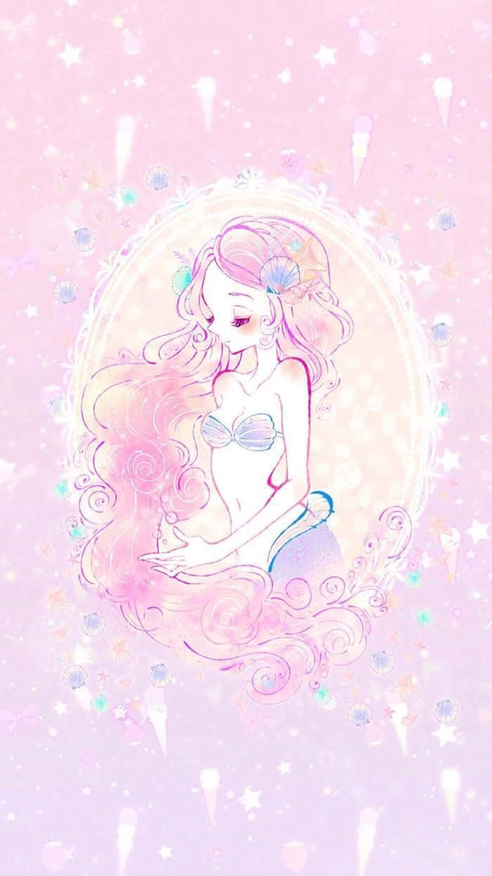 享受可愛體驗，擁抱這款可愛iPad 壁紙 — 一個精緻的動漫風格美人魚，飄逸的粉紅色頭髮，優雅地坐在華麗的框架中，背景是閃閃發光的粉彩粉紅色。