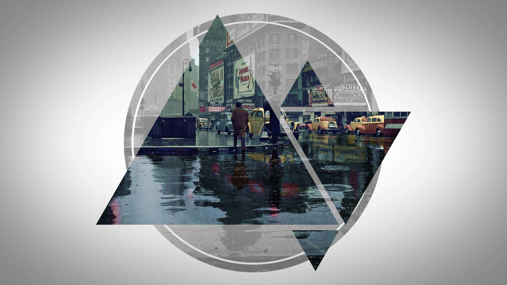復古黃色汽車和一個行人在雨中的城市街道上，由幾何形狀框住。