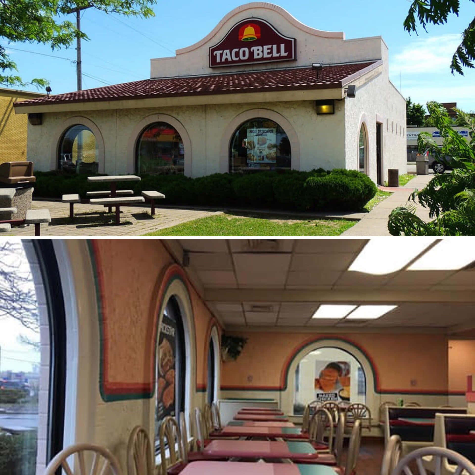 Taco Bell 餐廳外觀和內部，設有拱形窗戶和紅色桌子。