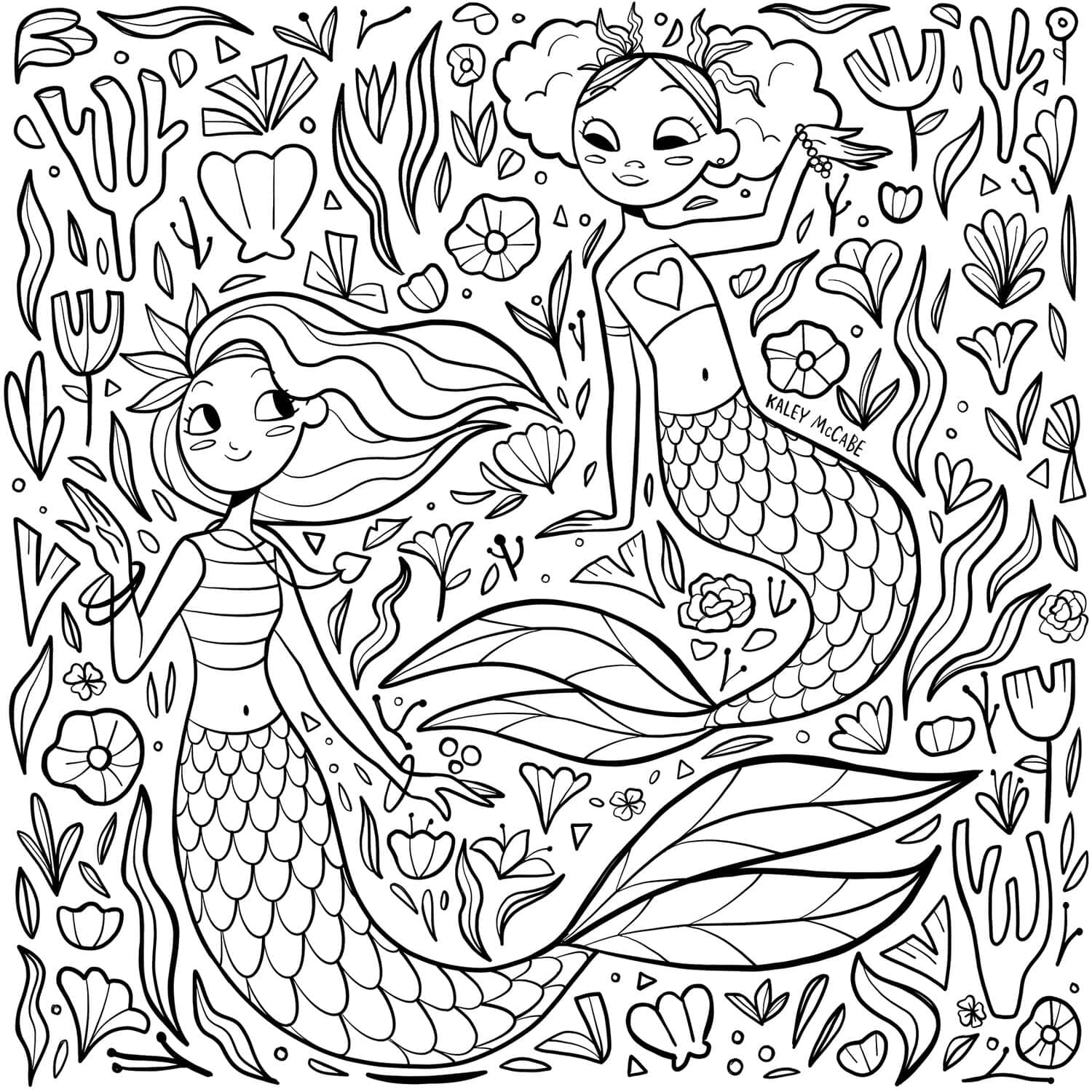 兩位快樂的美人魚，長髮和魚尾，在海草和花朵之間游動，是一張黑白填色頁。