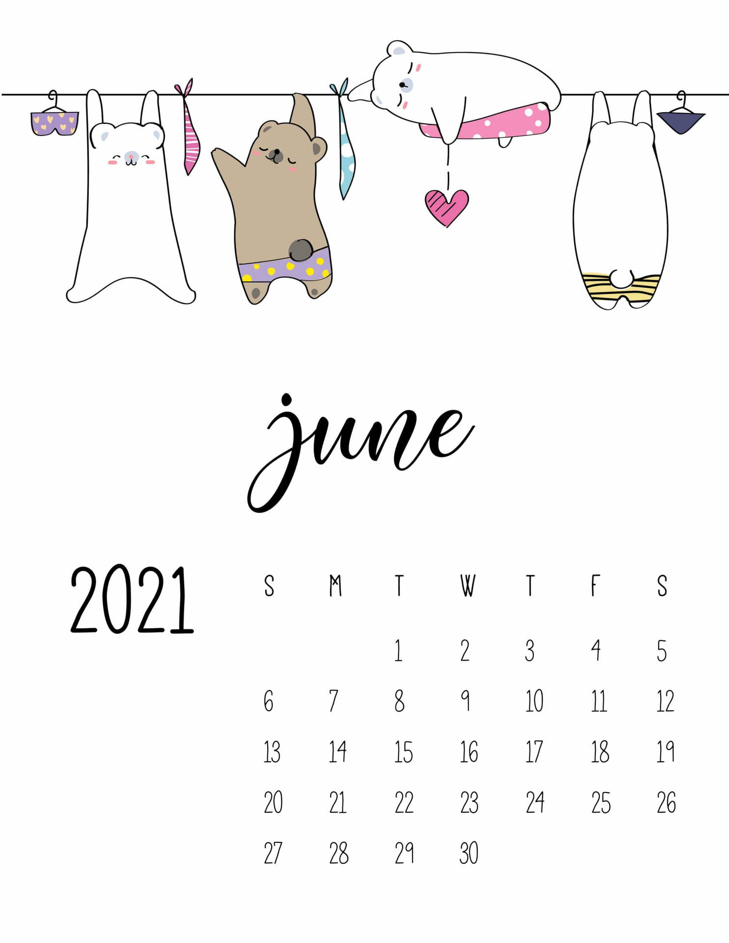 2021年6月日曆，卡通動物掛在晾衣繩上。
