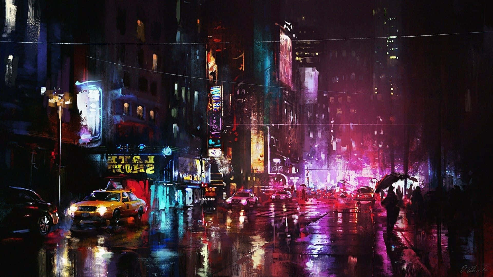 享受夜幕下霓虹城市景觀的美感 壁紙 — 繁華城市中一個霓虹燈閃爍的雨夜，潮濕的路面反射出光芒，一個孤獨的身影撐著雨傘。