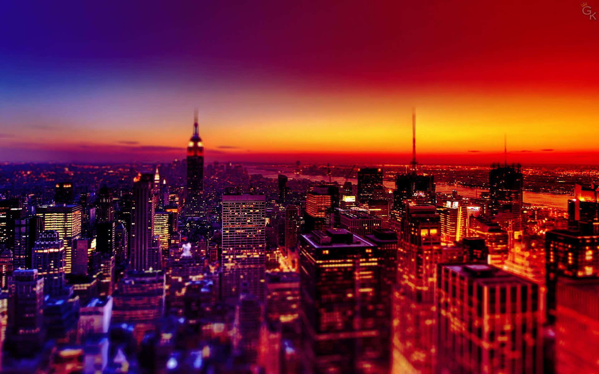 享受夢幻之城夜城的夜晚 壁紙 — 充滿活力的日落將紐約天際線染成火熱的橙色和深紫色，城市燈光開始閃耀。
