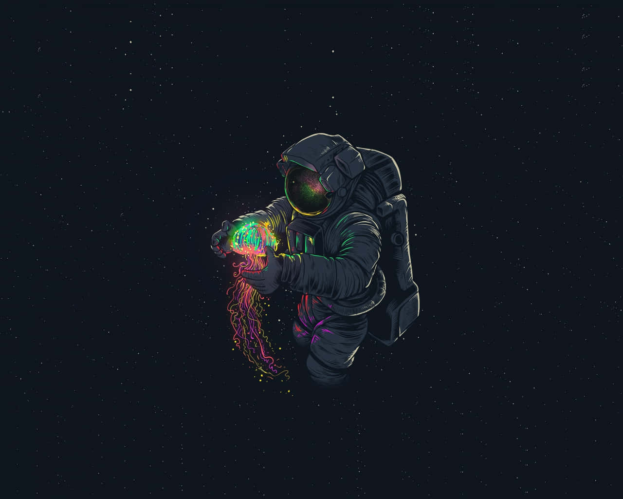 太空人在星空下手持發光的霓虹水母。