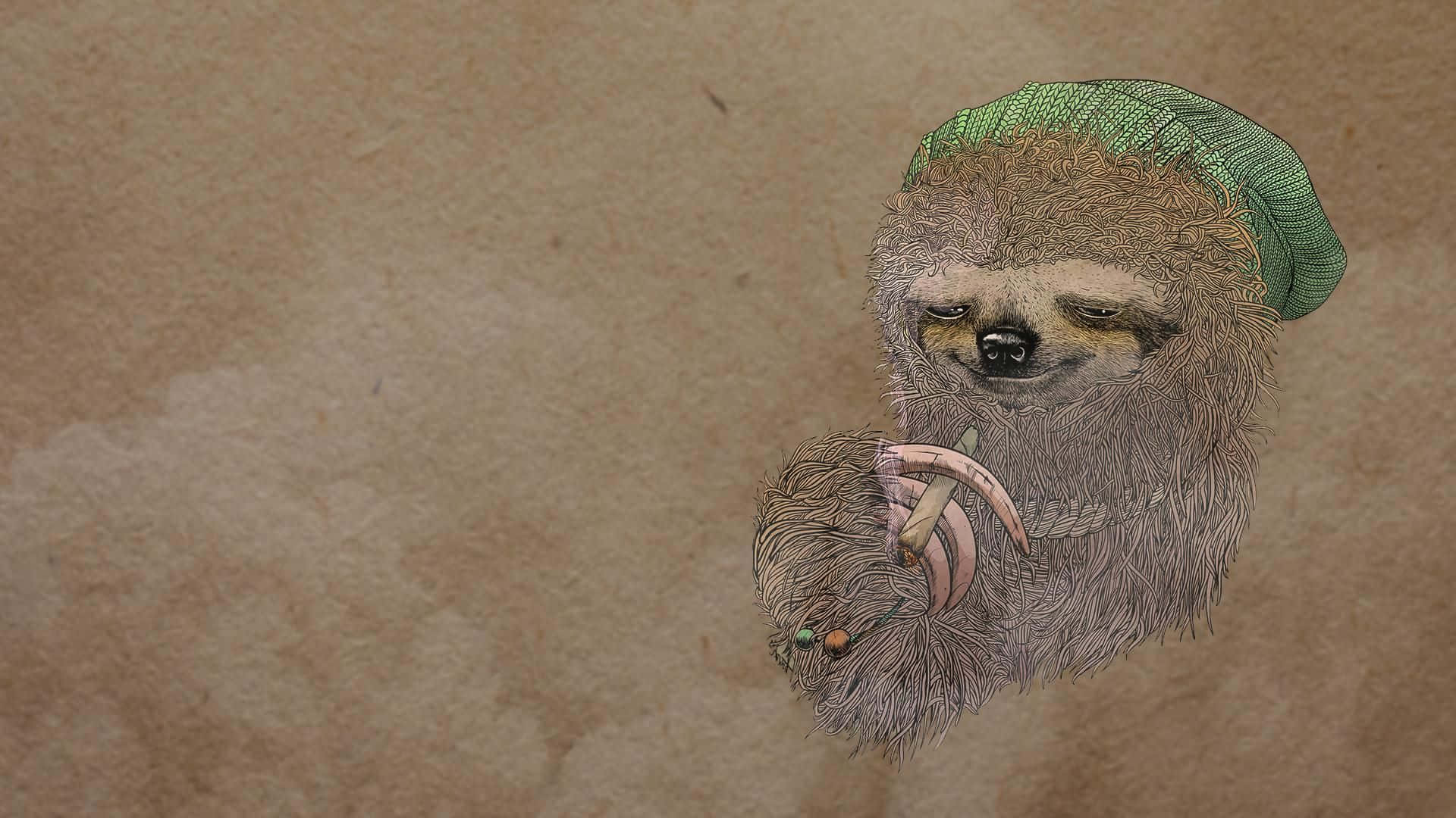 享受大自然最美好的時刻——樹懶在樹上小憩 壁紙 — 一隻昏昏欲睡的樹懶戴著綠色針織帽，靠在有紋理的棕色紙背景上。