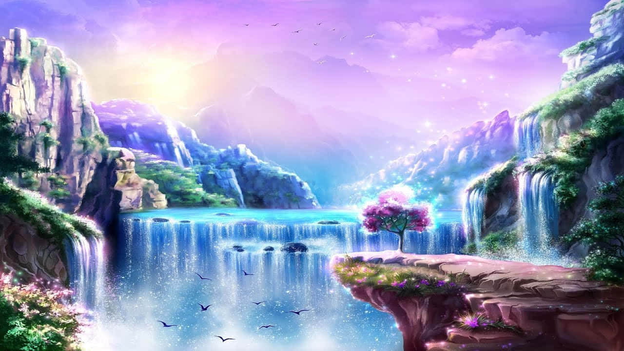 享受天堂之美 壁紙 — 一個神奇的峽谷，有層疊的瀑布和一棵孤獨的粉紅色樹，在紫色日落天空下發光。