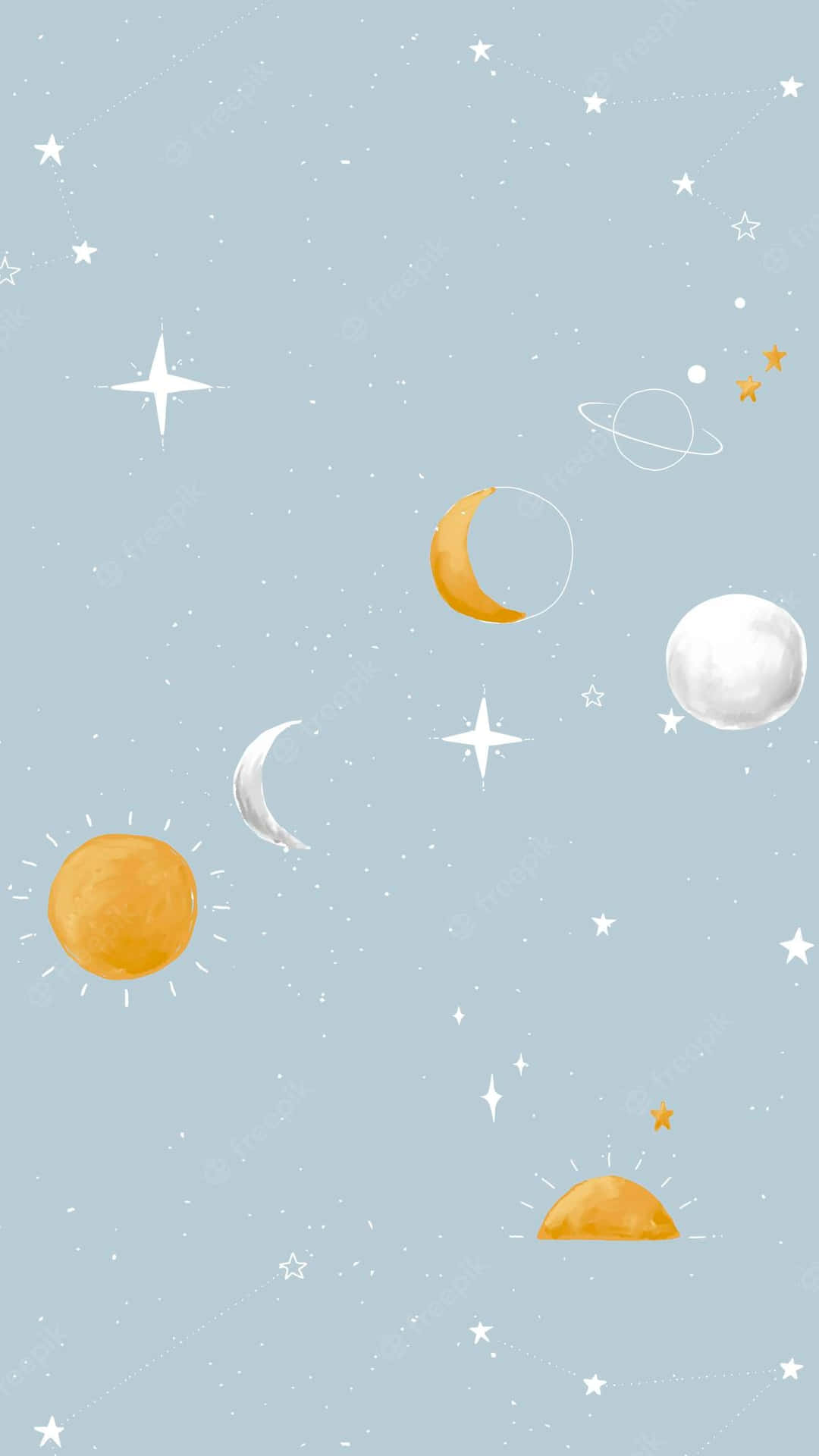 天體包括太陽、月亮、星星和行星，漂浮在淺藍色的天空中。