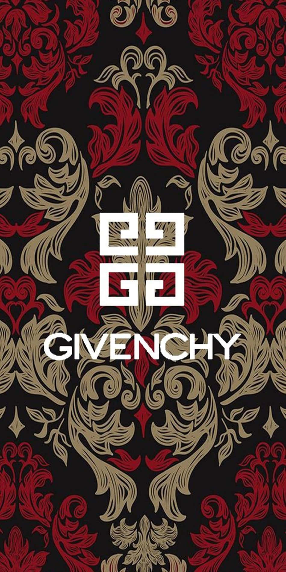 Givenchy標誌在華麗的紅色金色和黑色壁紙圖案上。