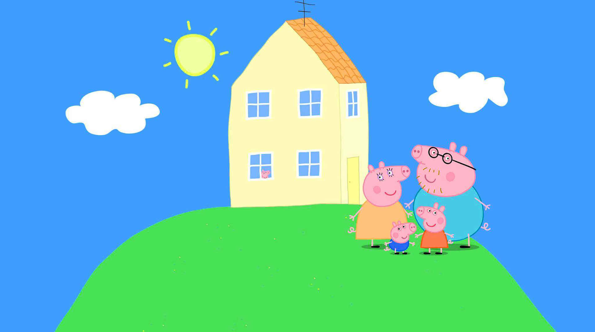 Peppa Pig 一家喺陽光普照嘅日子喺屋前微笑。
