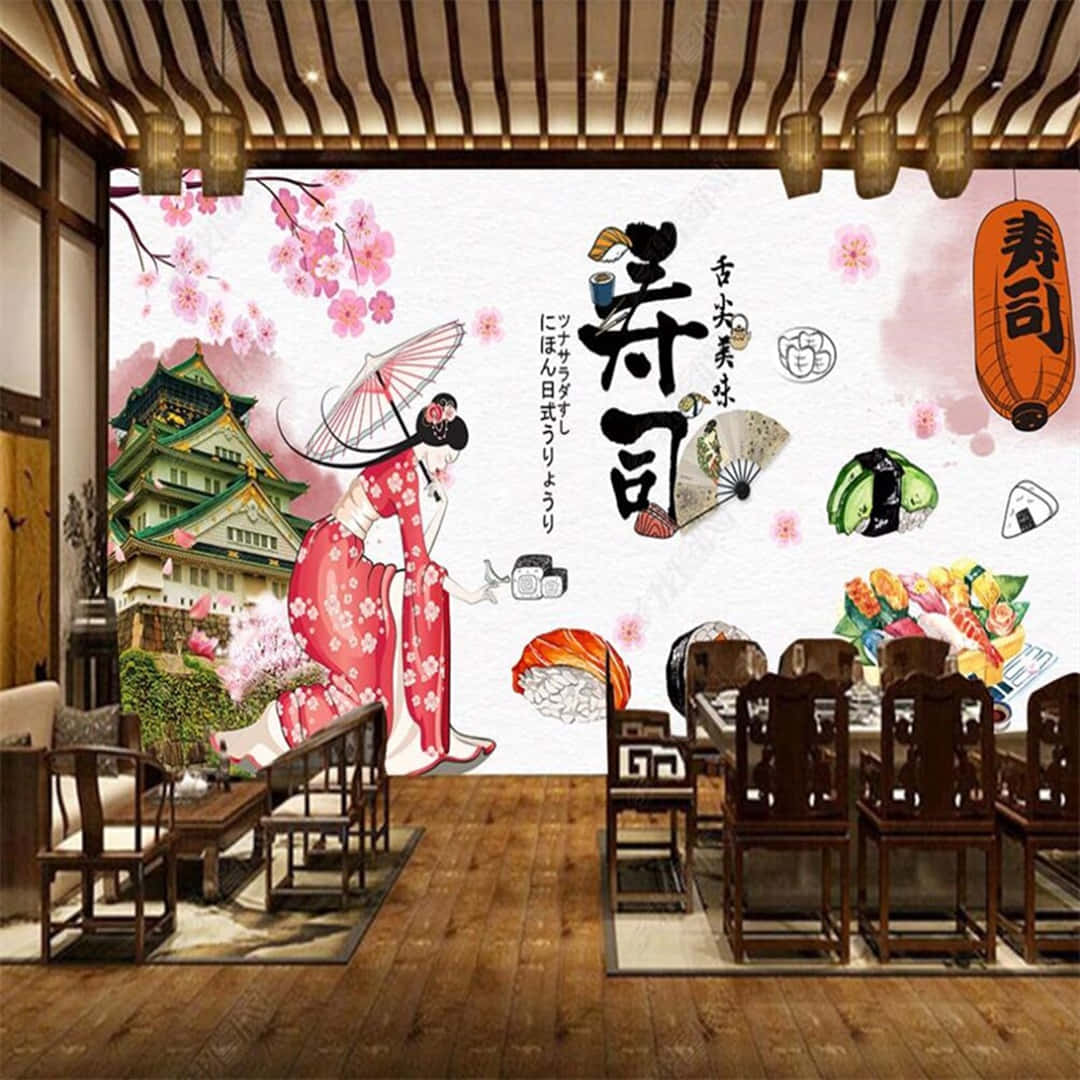 日本餐廳壁紙，帶有藝妓、壽司和城堡設計。
