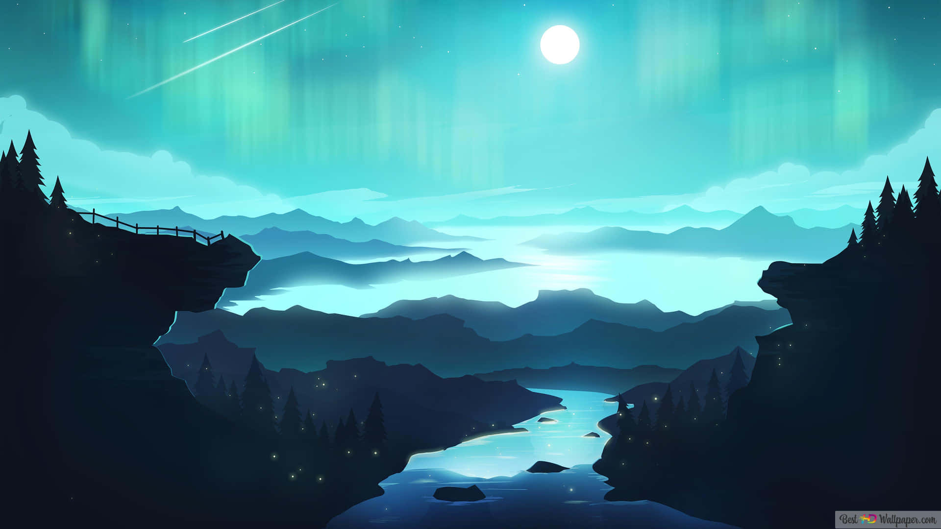 月光照耀的河流在發光的極光和星星下流經山谷。