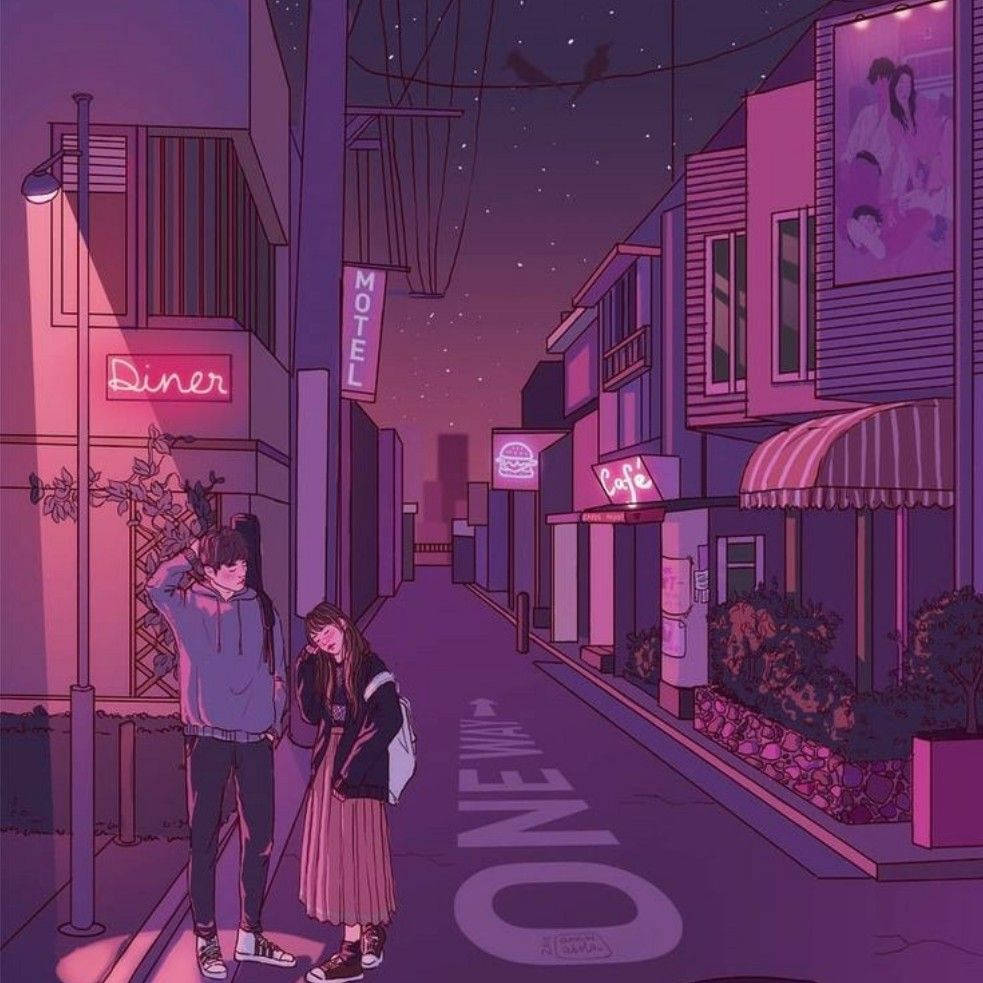 兩個青少年站在霓虹燈照亮的夜街上，發光的招牌和頭頂的星星。