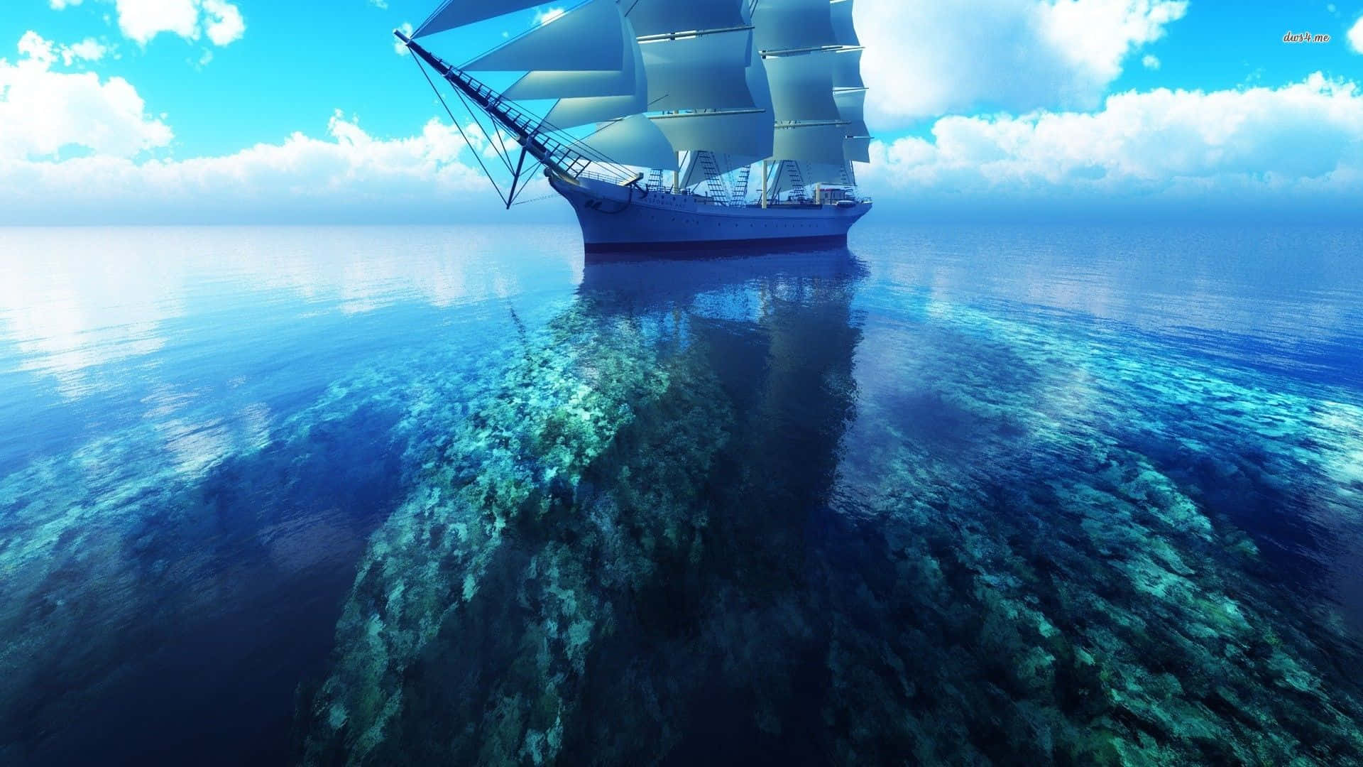 一艘高桅帆船航行在清澈的藍色海水上，顯露出下方的珊瑚礁。