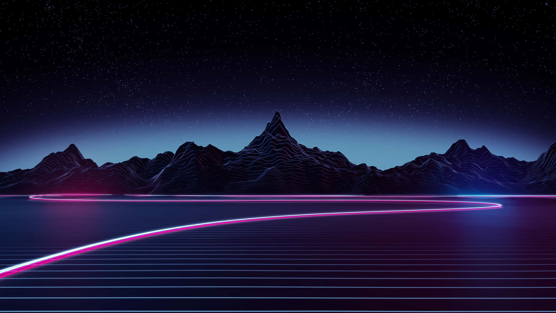 發光的霓虹線條在網格地板上彎曲，星空夜空下遠處有鋸齒狀山脈。