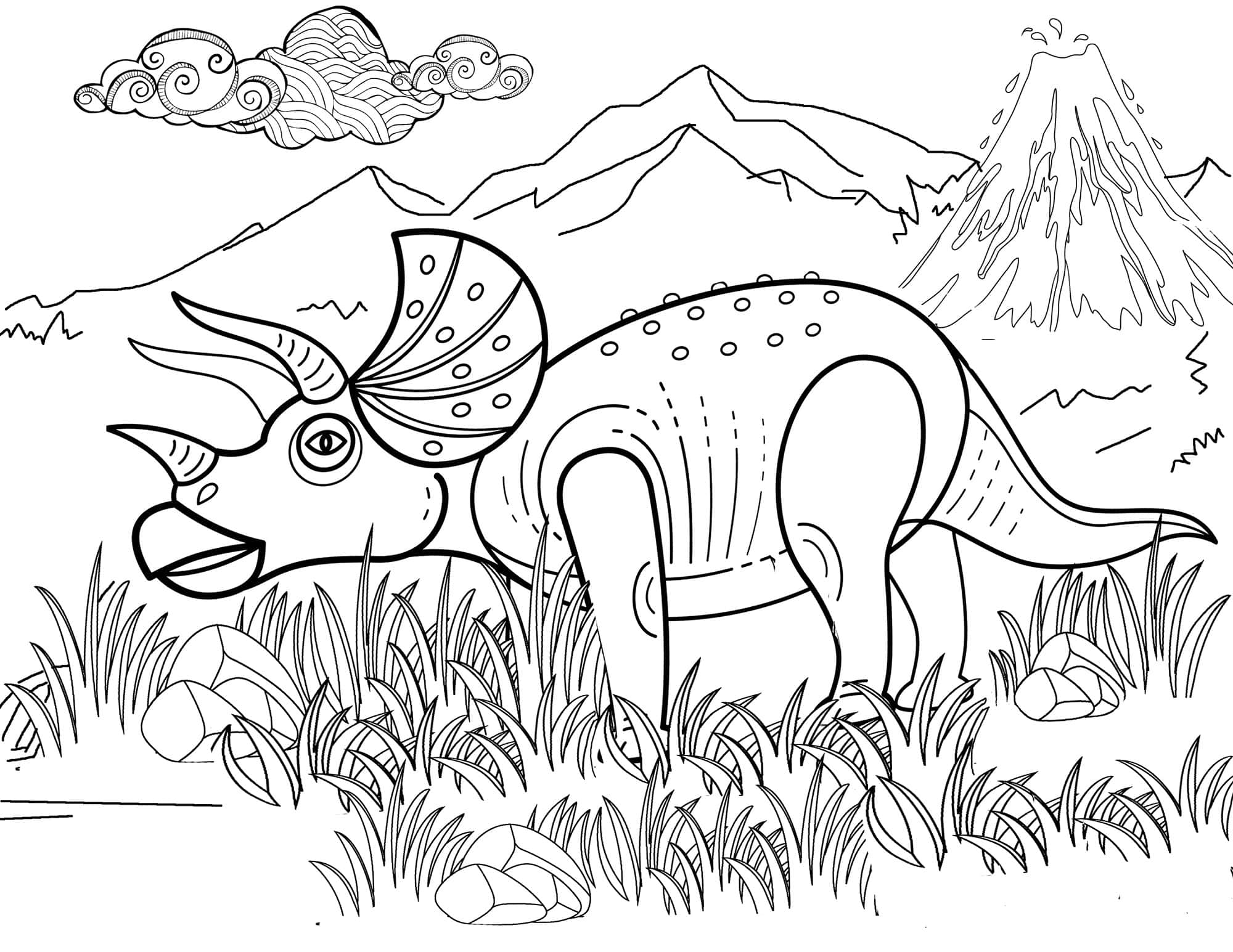 享受恐龍塗色的創意午後 壁紙 — 一隻三角龍站在草地上，背景有山脈和火山。