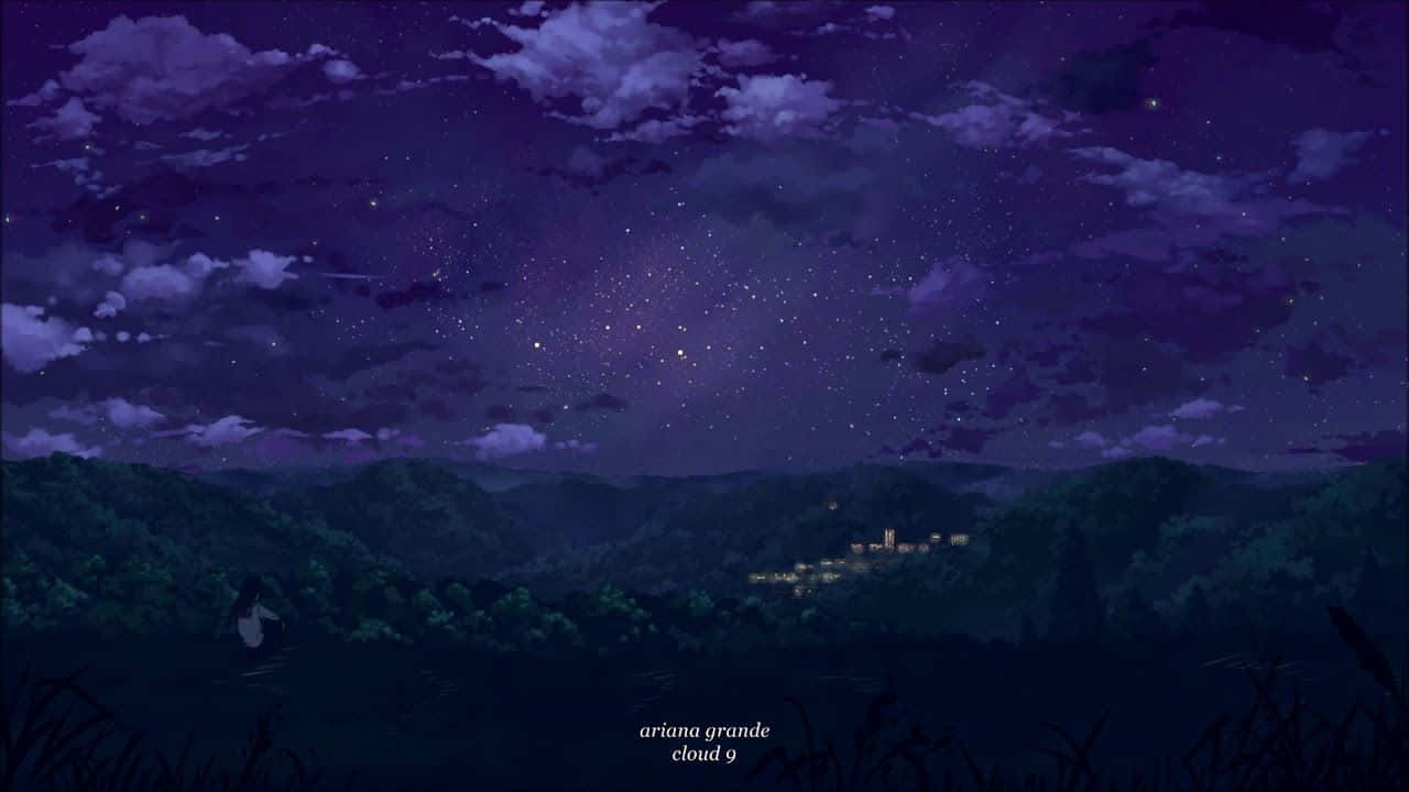 一個小村莊在繁星點點的紫色夜空下，在起伏的山丘上亮起燈光。