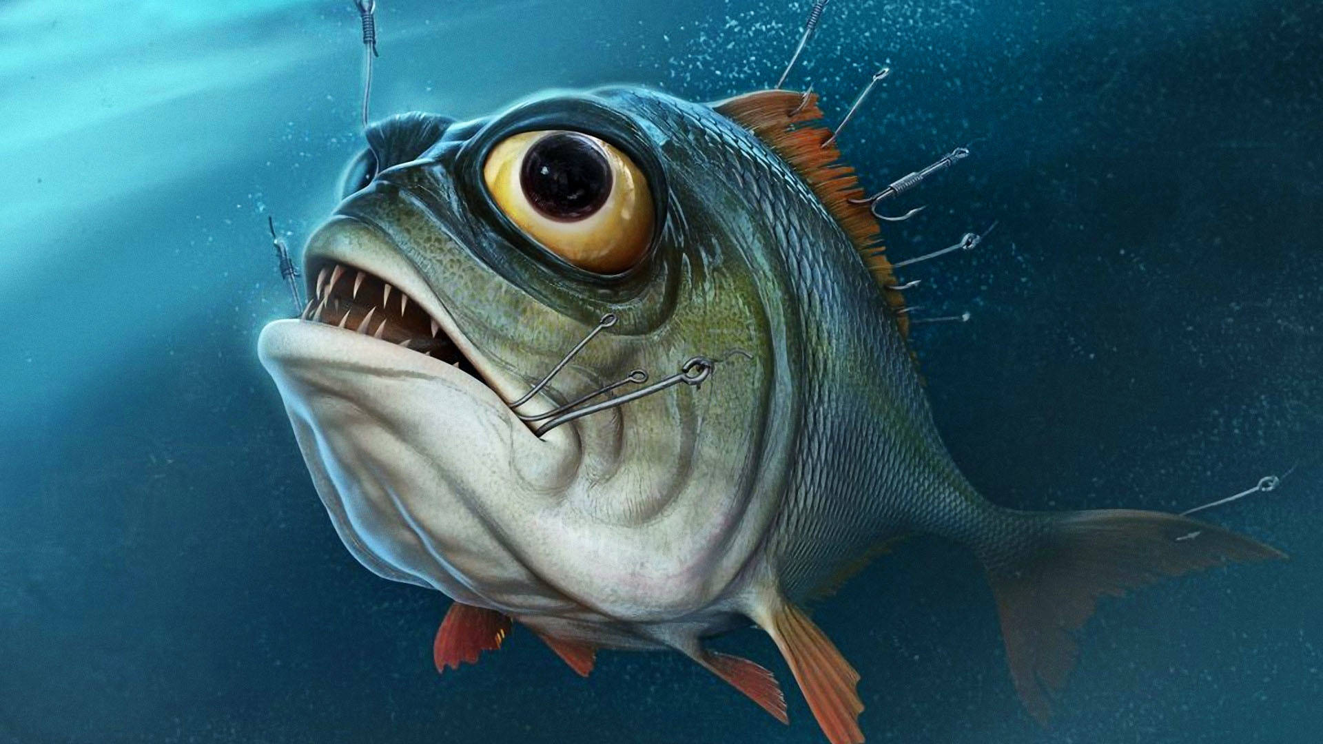 一條身上有魚鈎的魚在深藍色水中游動。