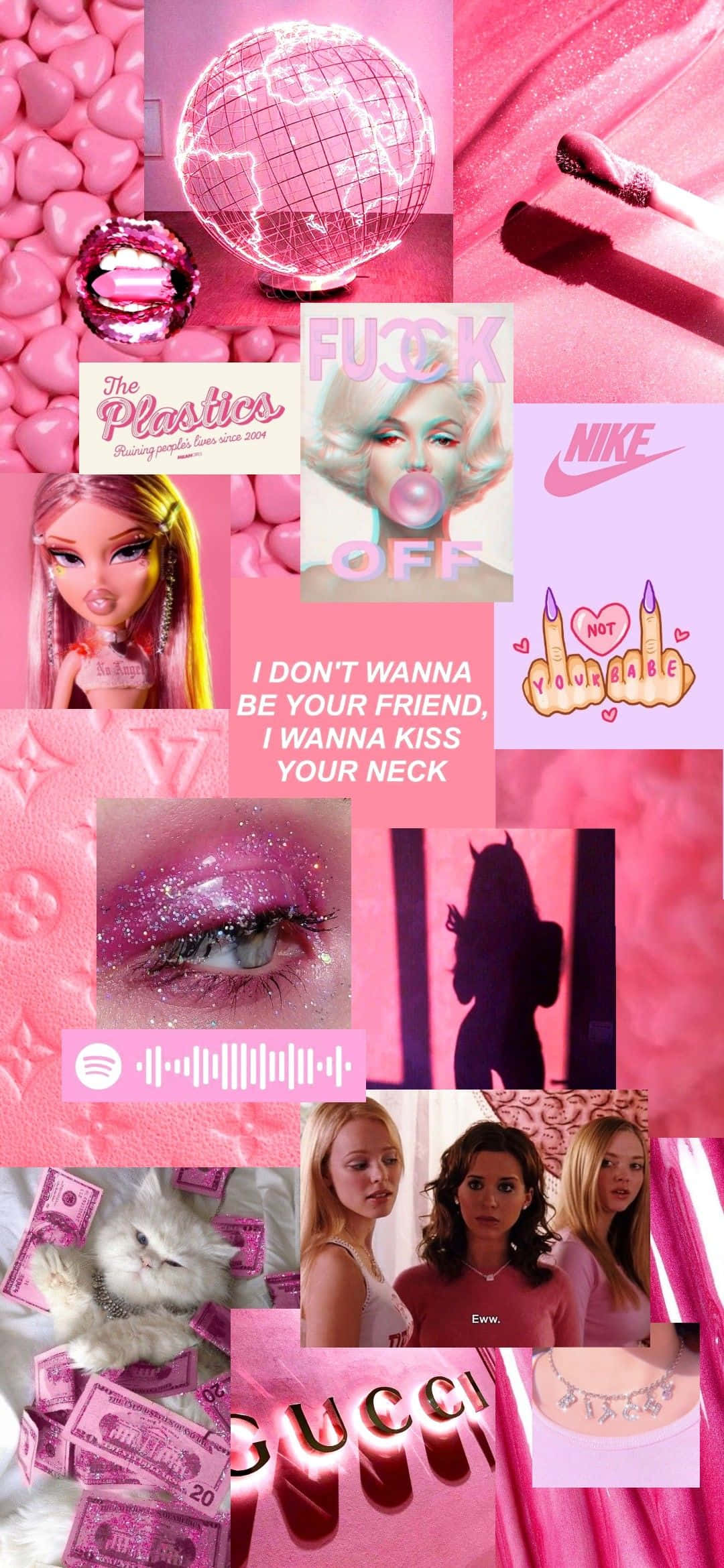 享受我最棒的Baddie Tumblr生活 壁紙 — 一個充滿活力的粉紅色拼貼畫，以閃爍的眼睛、奢侈品牌、流行文化圖標和粗體文字為特色，背景像糖果一樣。