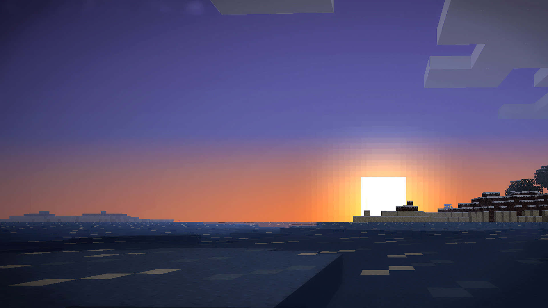 Minecraft 日落，水面上有發光嘅太陽同方塊地形。