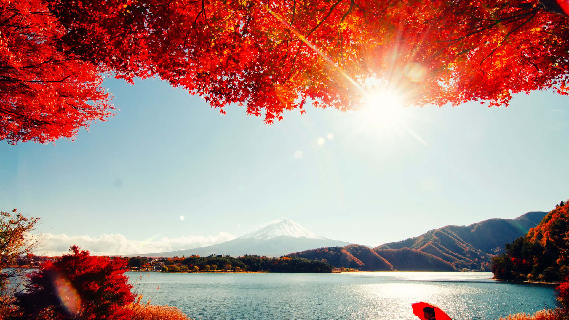 紅楓葉框住了晴朗秋日裡倒映在湖中的富士山。
