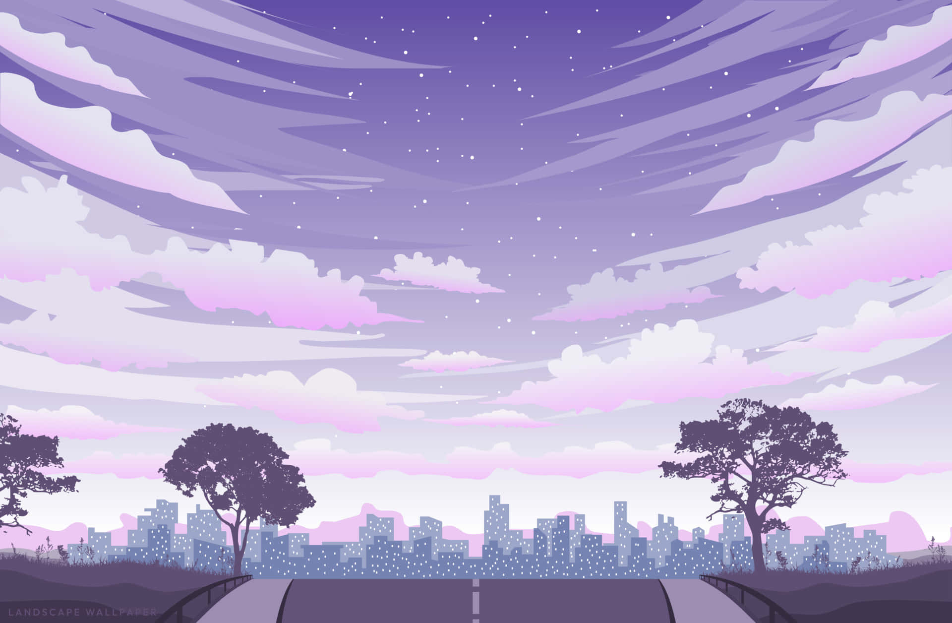紫色黃昏天空，有星星和雲朵，覆蓋城市天際線和兩旁樹木的道路。
