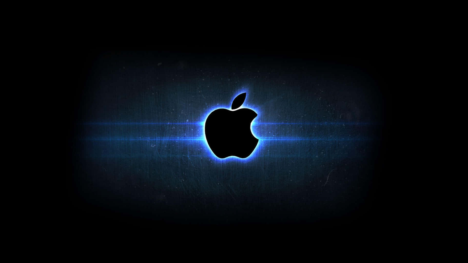 發光的藍色Apple標誌，帶鏡頭光暈效果，在深色紋理背景上