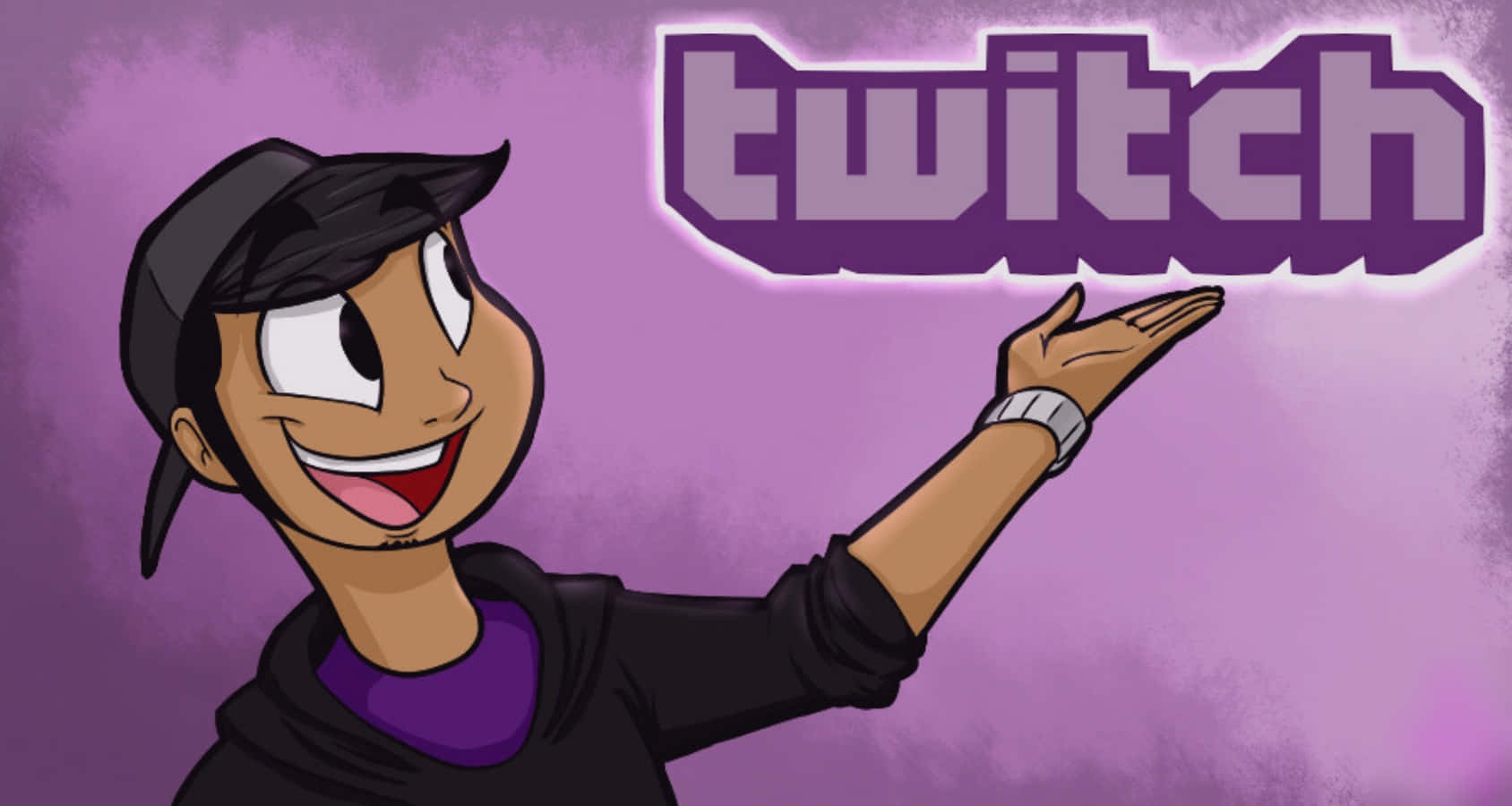 動漫角色面帶燦爛笑容指向Twitch標誌。
