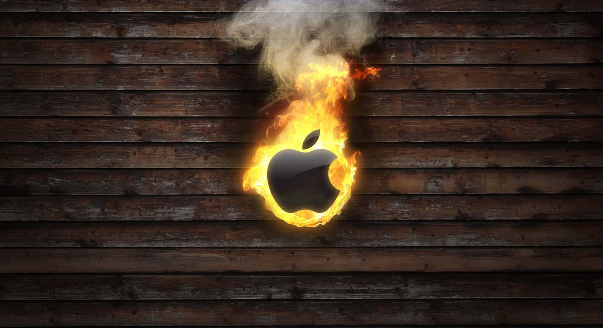 深色木牆上燃燒的Apple標誌，煙霧升騰。