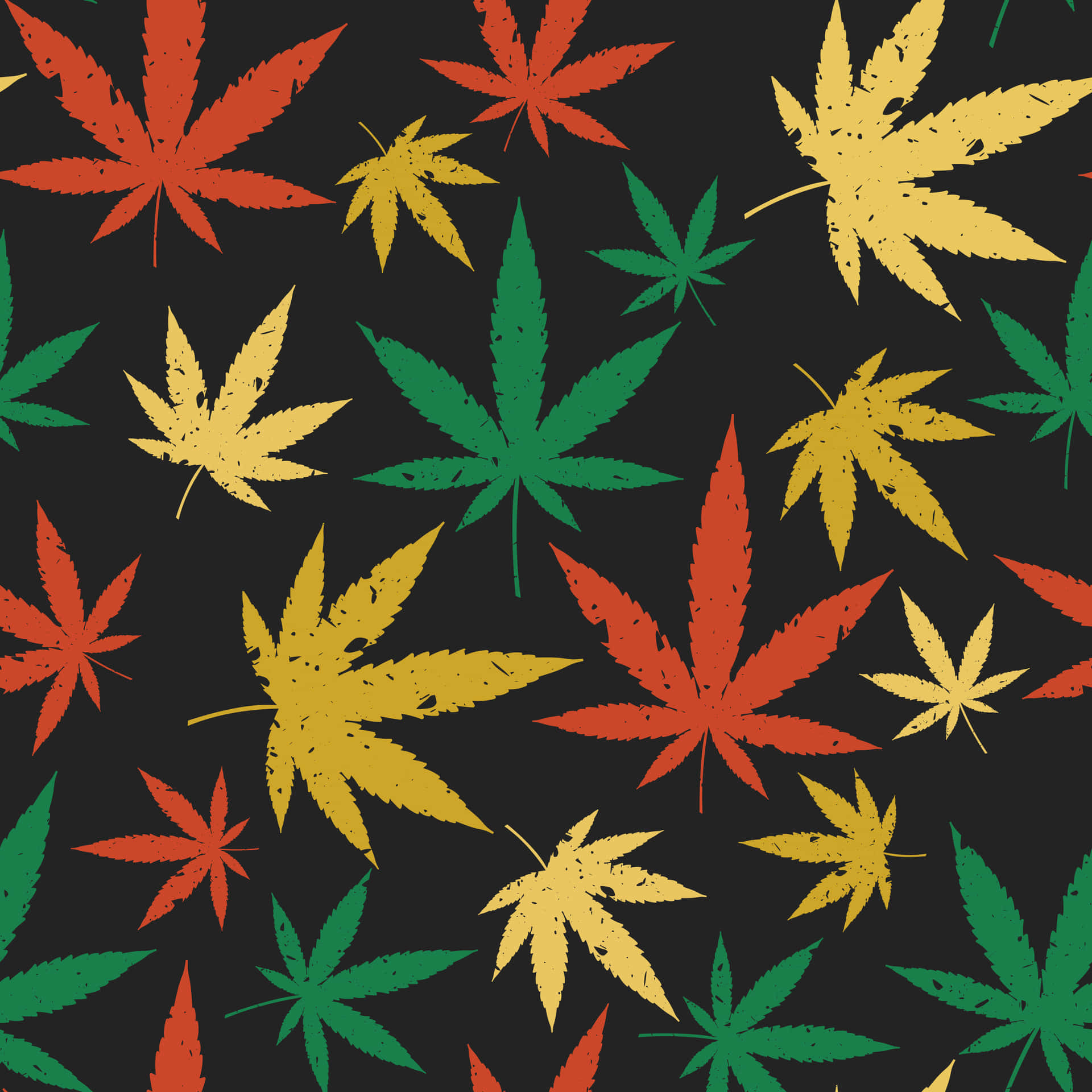 深色背景上色彩繽紛的紅色、黃色和綠色大麻葉。
