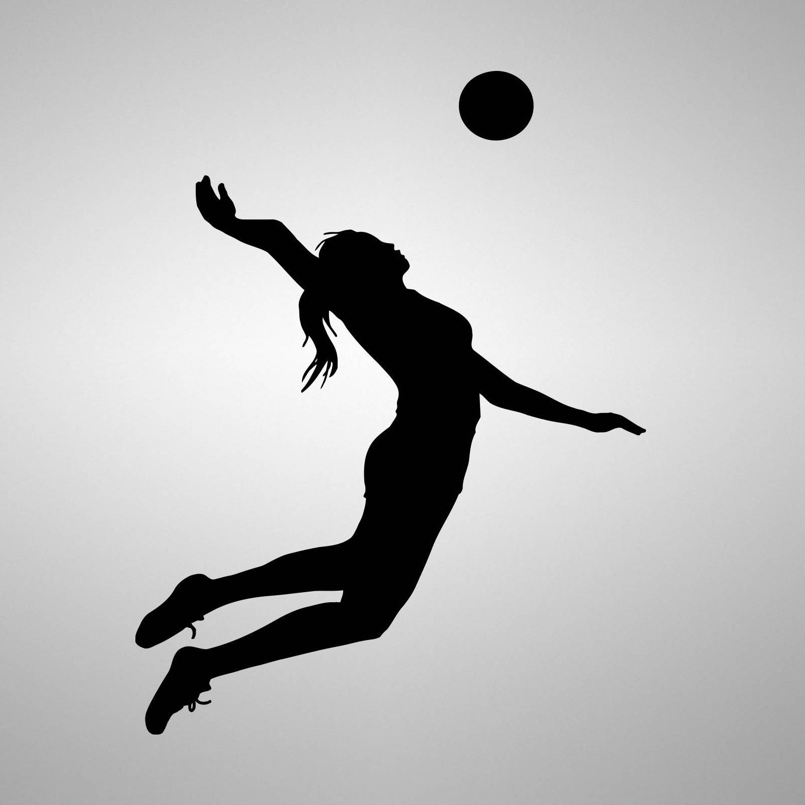 女性排球運動員在半空中扣球的剪影，背景為灰色漸變。