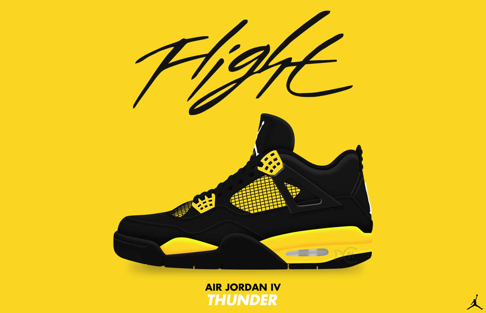 黑黃色Air Jordan IV Thunder運動鞋，黃色背景上有'Flight'文字。