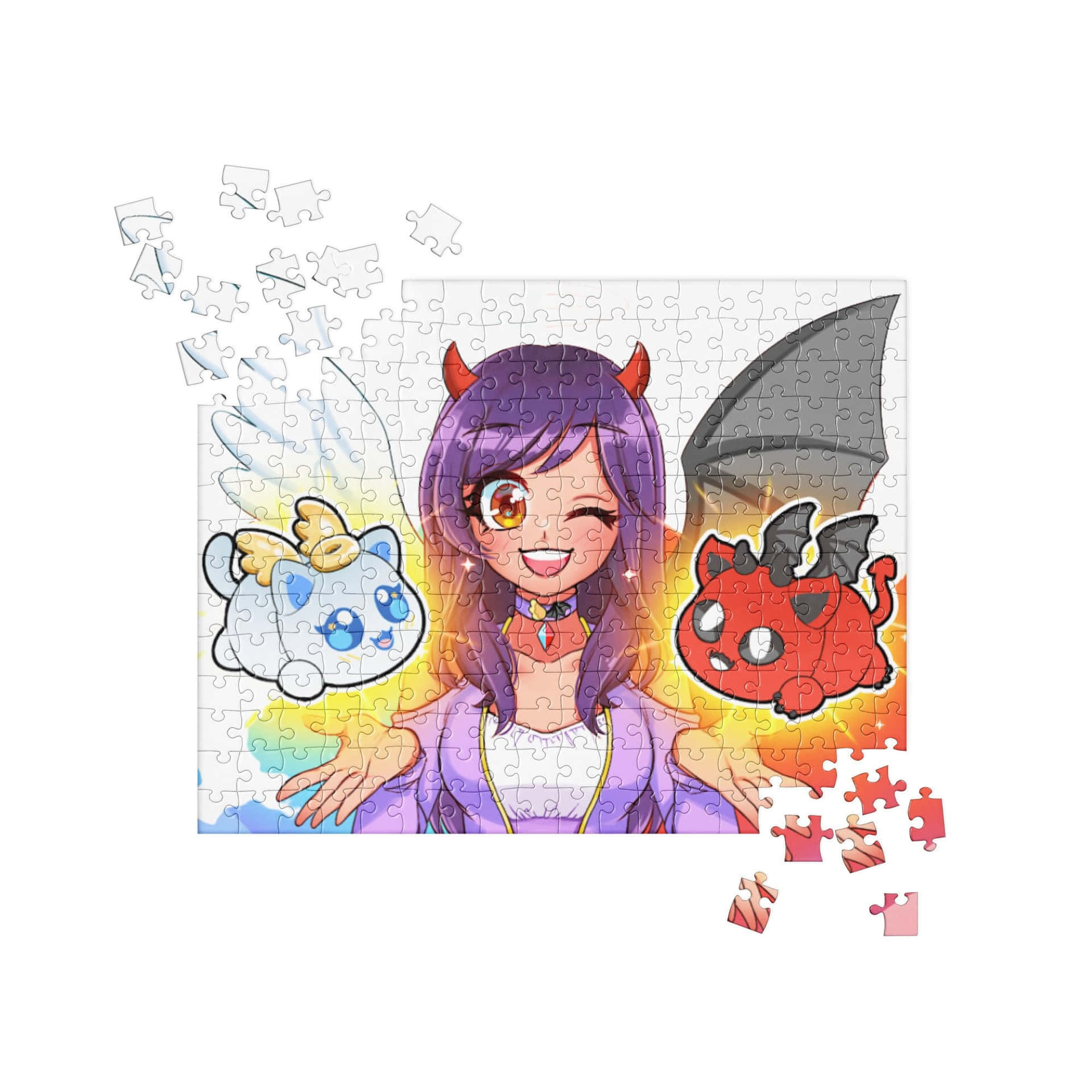 有惡魔角的動漫女孩抱著天使和惡魔毛絨玩具，拼圖碎片在她周圍漂浮。