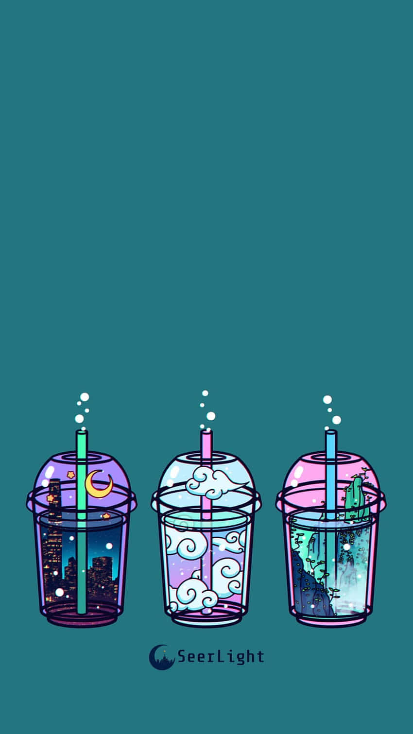 三杯插圖飲品，每杯內均有微型場景，背景為青綠色。