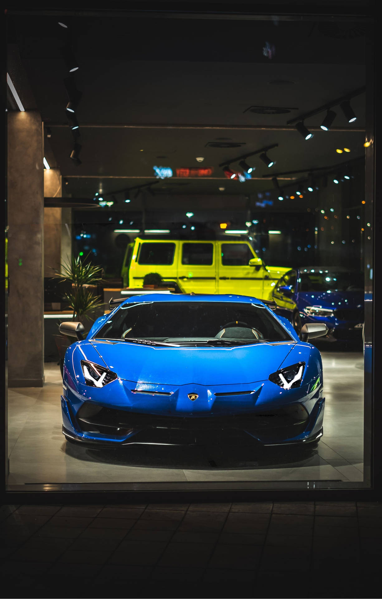 藍色林寶堅尼跑車在豪華車展廳中展示，背景有一輛黃色SUV。