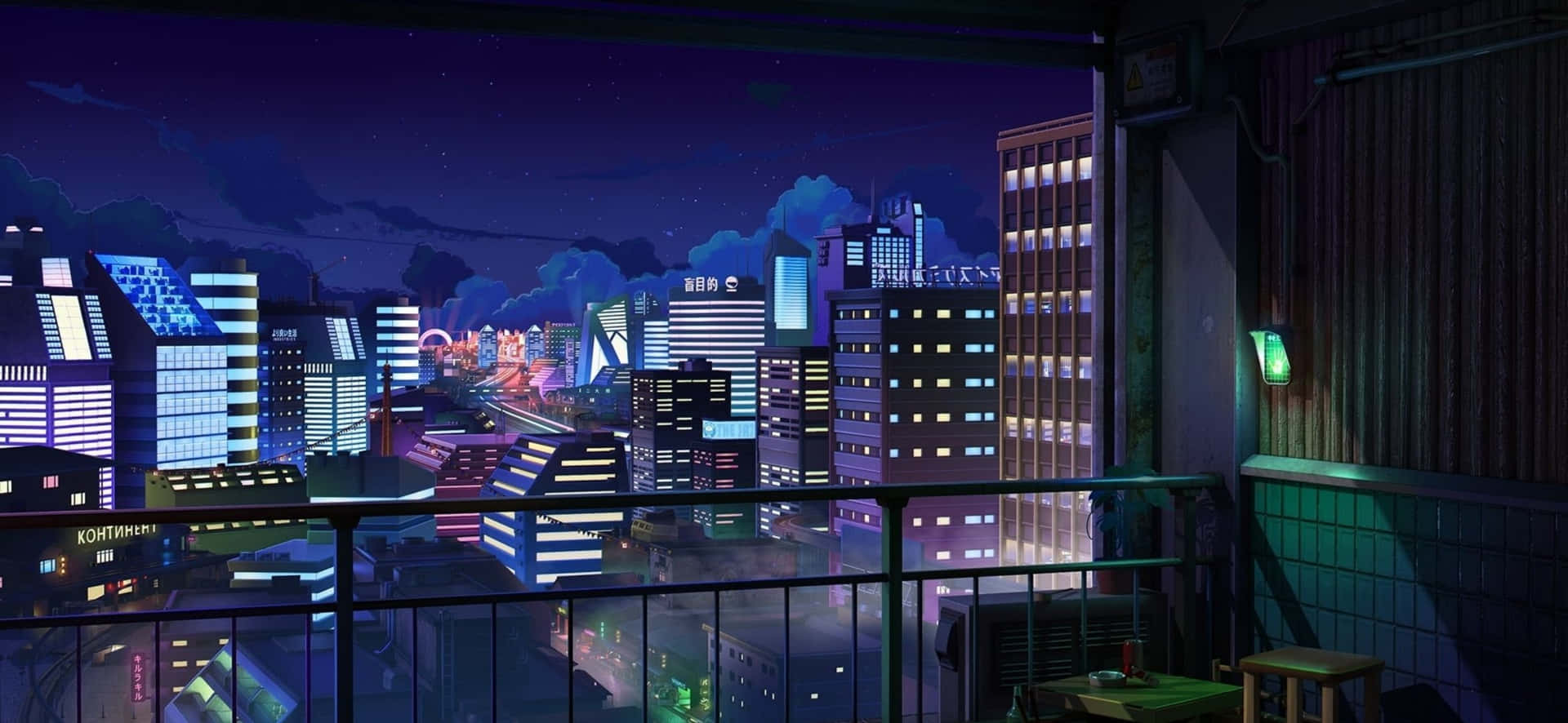 星空下夜晚發光的霓虹城市的陽台景觀