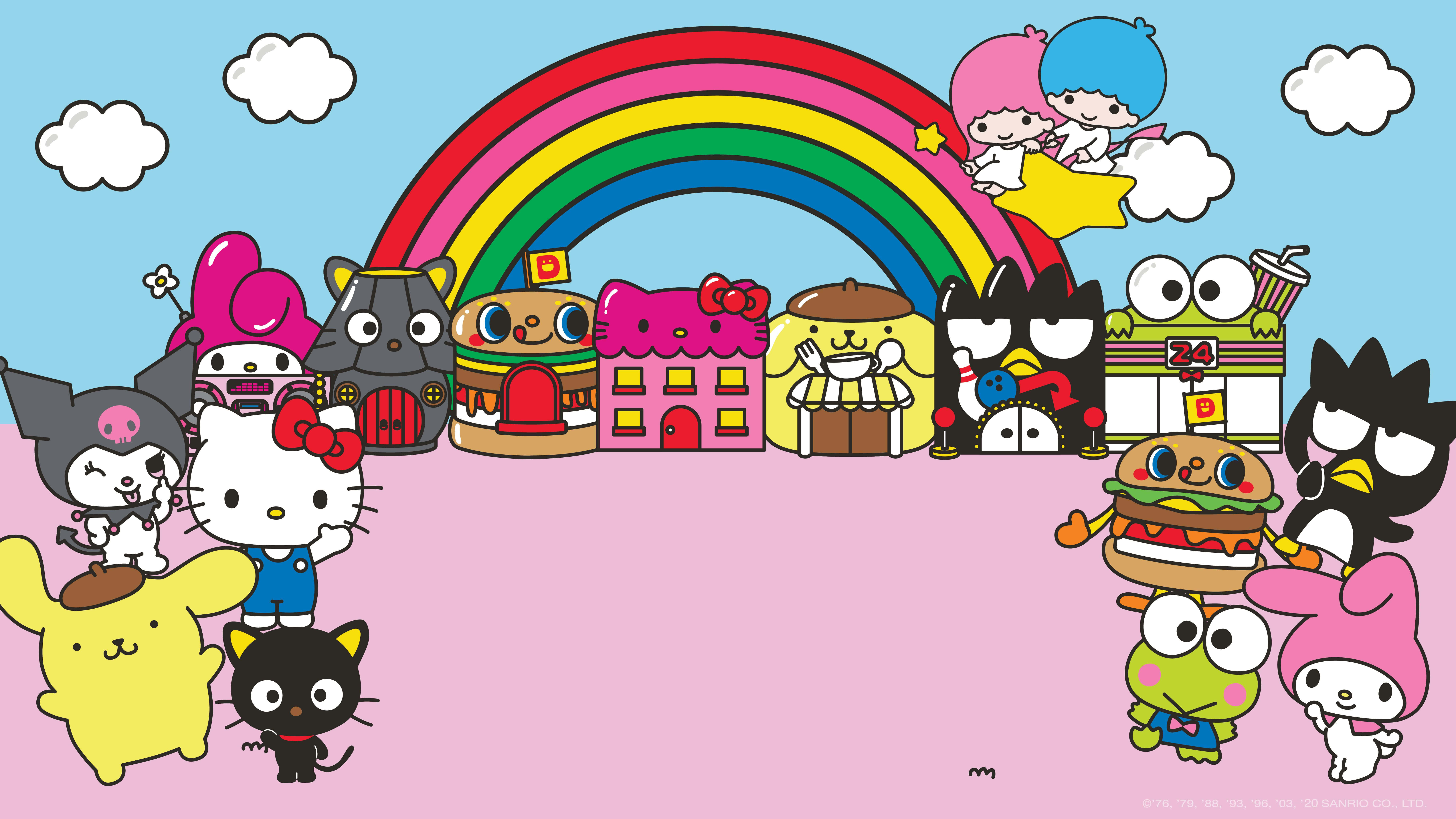 享受熱情洋溢的Kuromi背景 壁紙 — 一個歡樂的卡通場景，Hello Kitty 和朋友們在彩虹下，背景是柔和色調的天空。