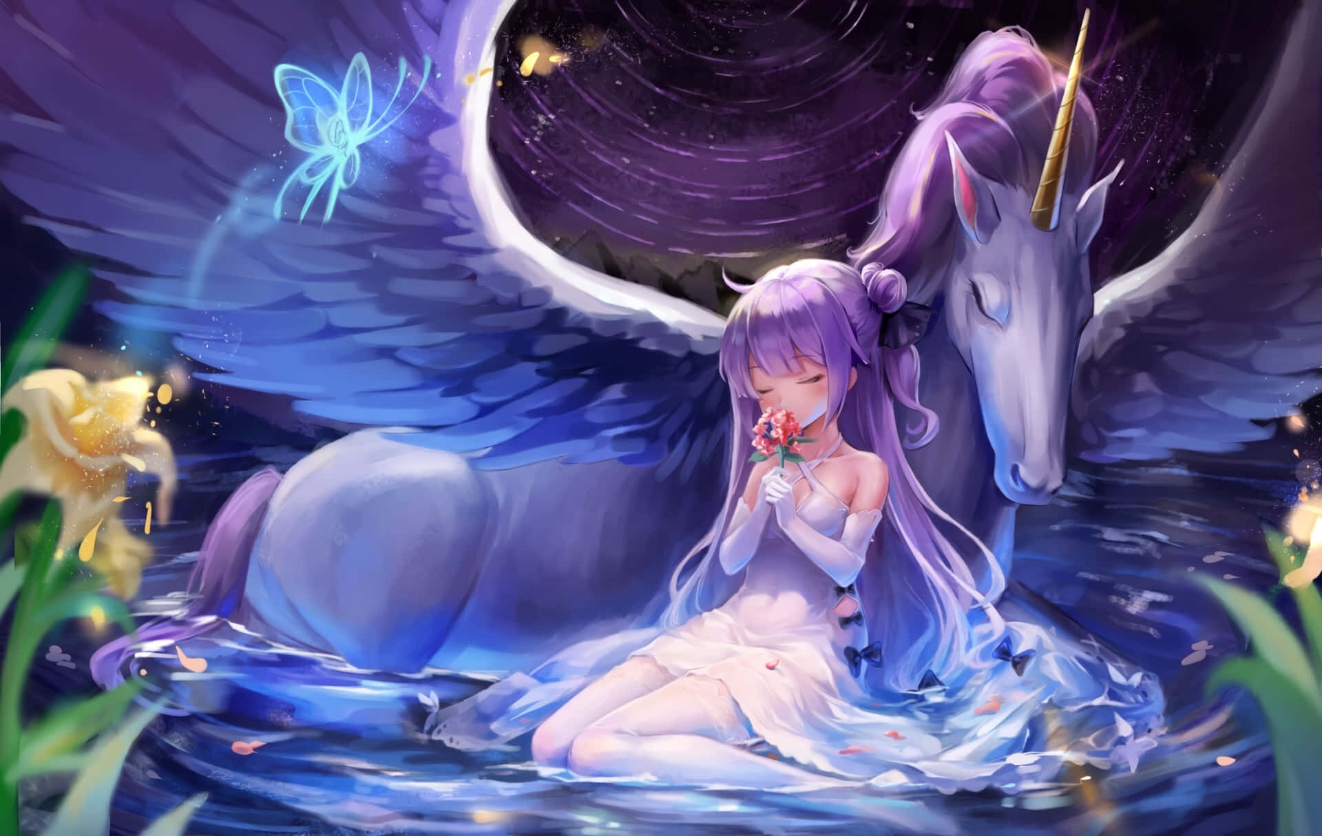 紫發動漫女孩坐在水中，旁邊有一隻帶翅膀的獨角獸，在星空下手持花朵。