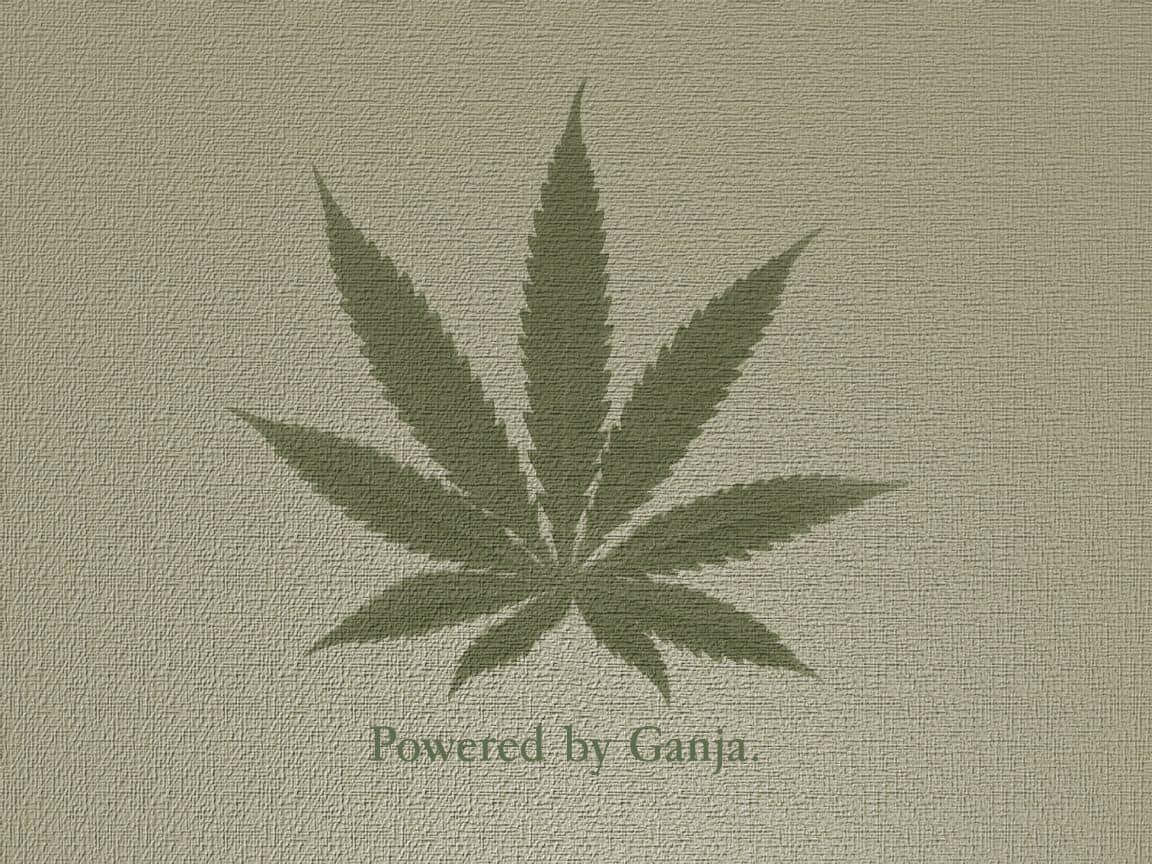 大麻葉剪影，附有「Powered by Ganja」文字，置於有紋理的米色背景上。