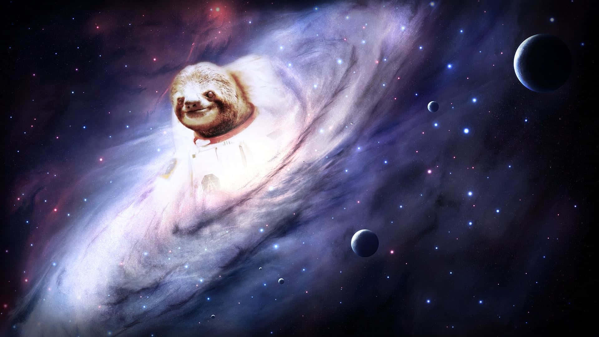 「享受生活最慢的節奏。」 壁紙 — 一隻微笑的樹懶漂浮在宇宙星雲中，周圍環繞著恆星和行星，構成超現實的太空場景。